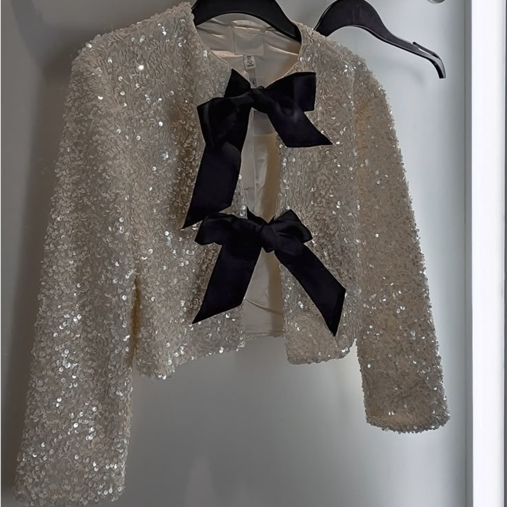 H&M Ivory Sequin Cropped Jacket with Black Bow Ties - Picture 9 of 10
